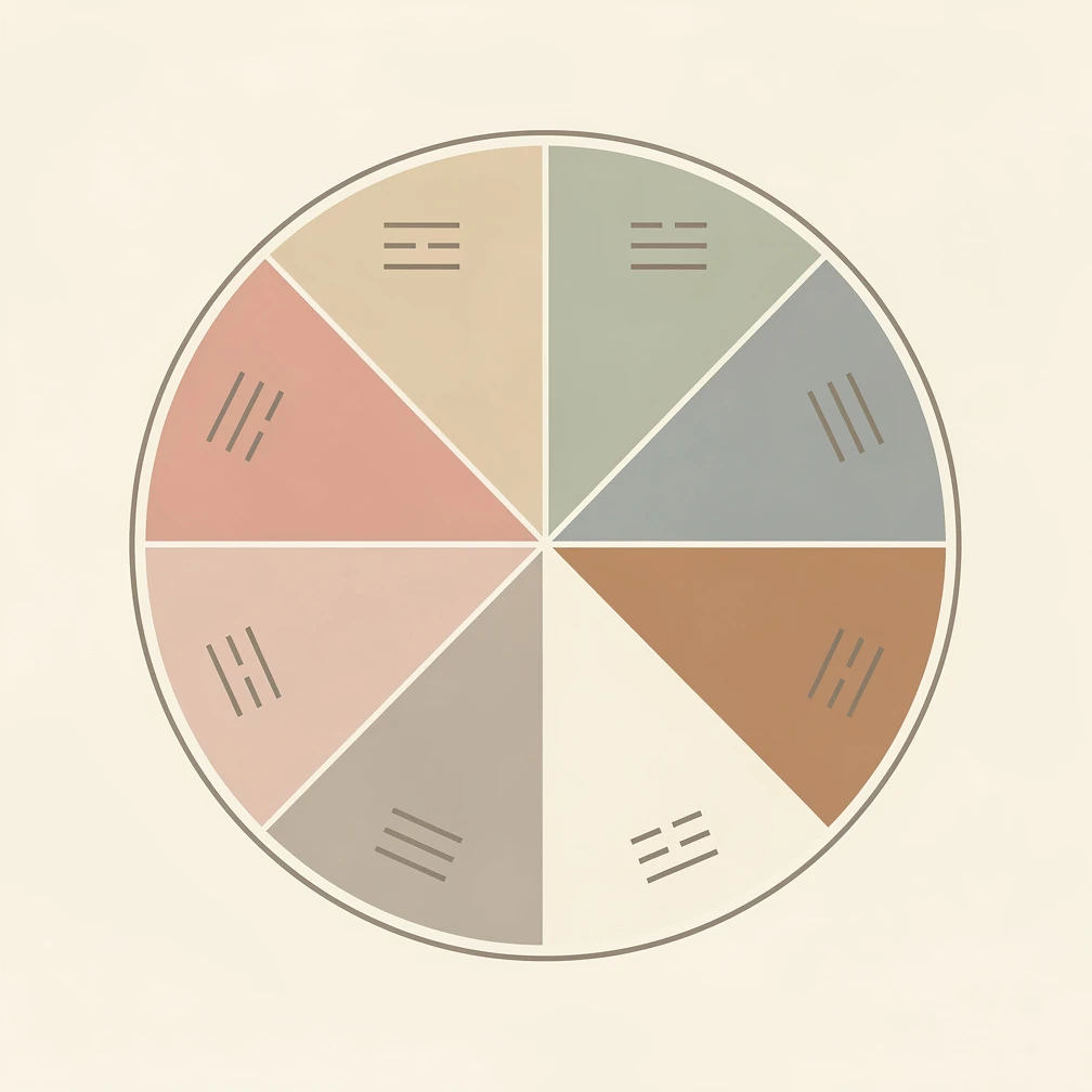 Feng shui compass chart with the eight orientations shaded in different colours