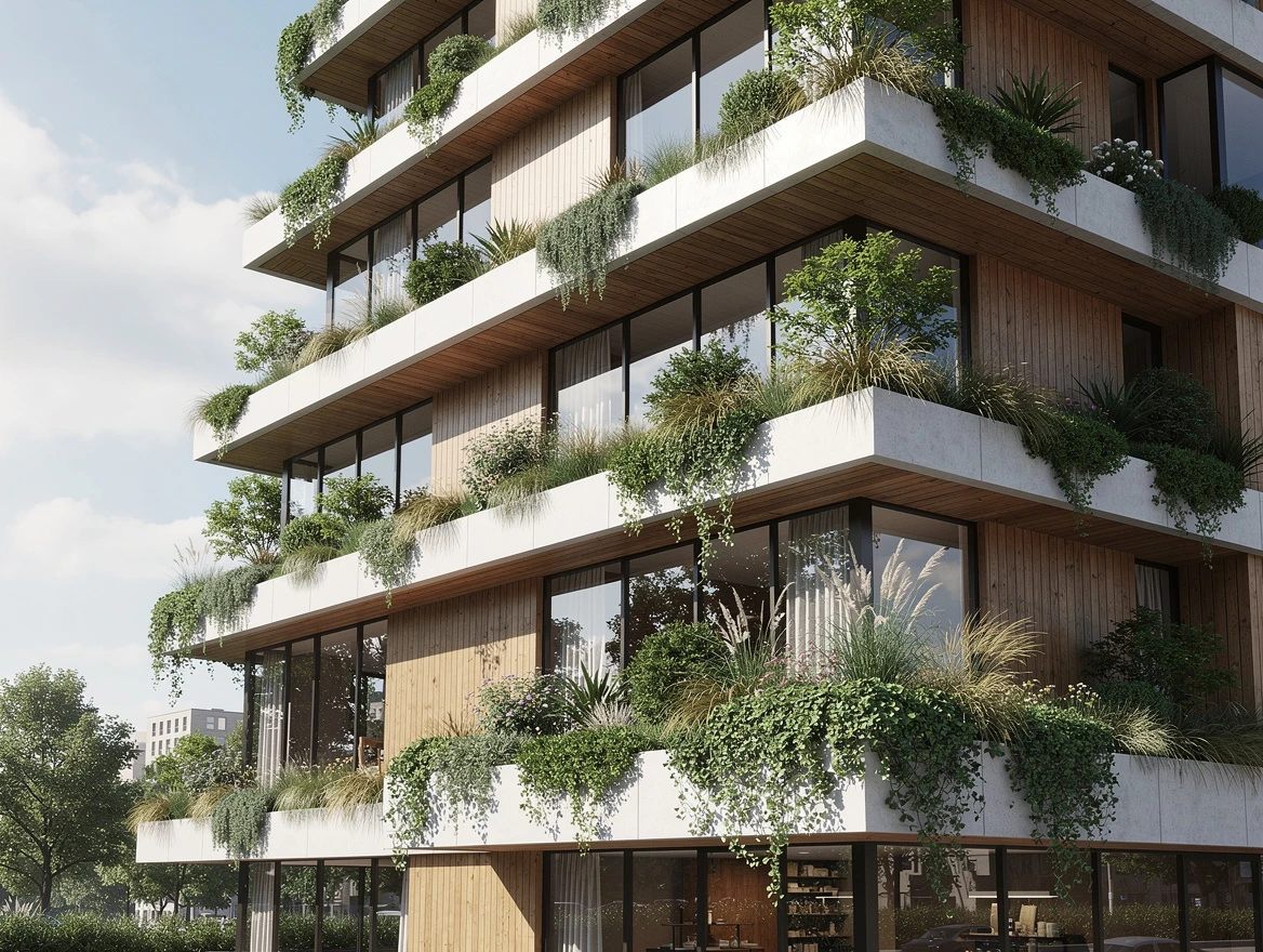Rendering of a sustainable building with green terraces integrated into the facade