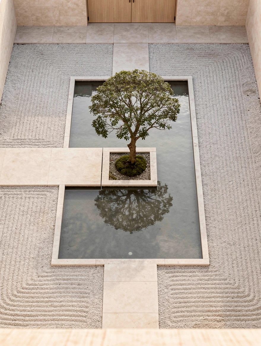 Top-down view of a minimalist courtyard with a walkway and reflecting pool