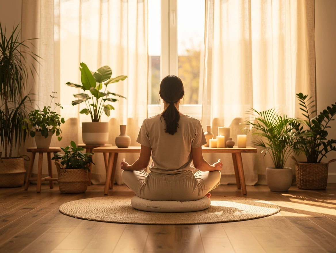 Person meditating on a cushion in a serene light-filled room full of plants
