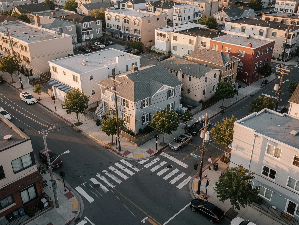 City environment around a house: streets, buildings and surrounding structures