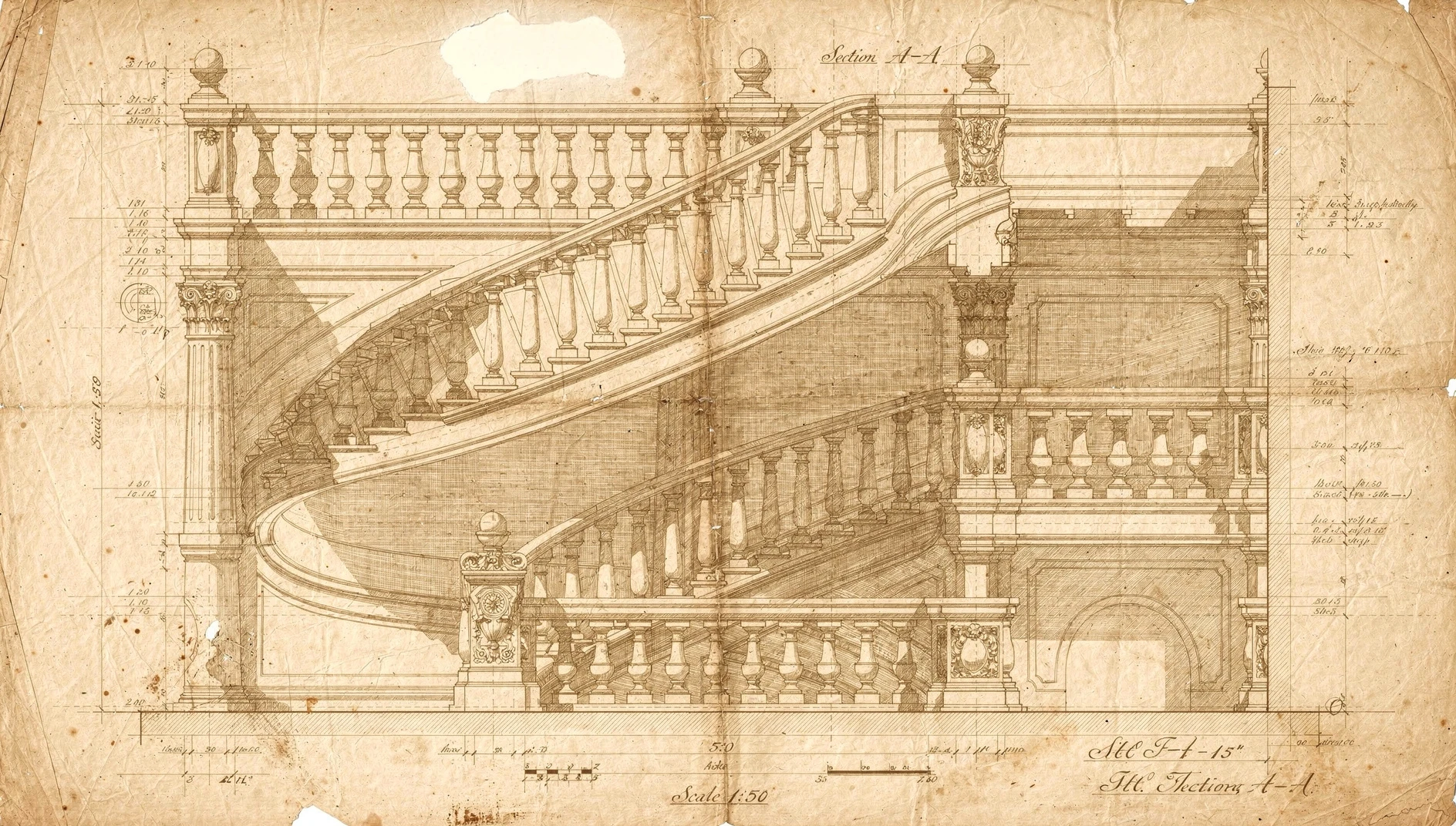Classical architectural ink drawing of a curved staircase in plan and elevation