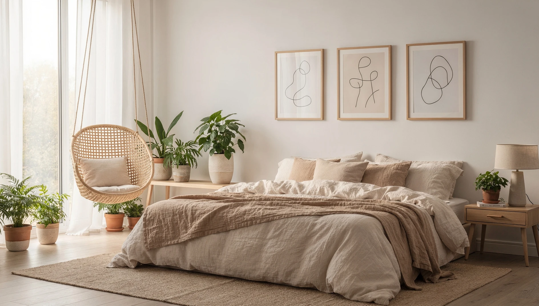 Serene bedroom in natural tones with a hanging chair, plants and line-art prints