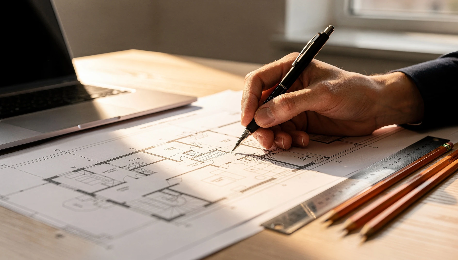 Hand drawing over an architectural floor plan with a pen beside a laptop