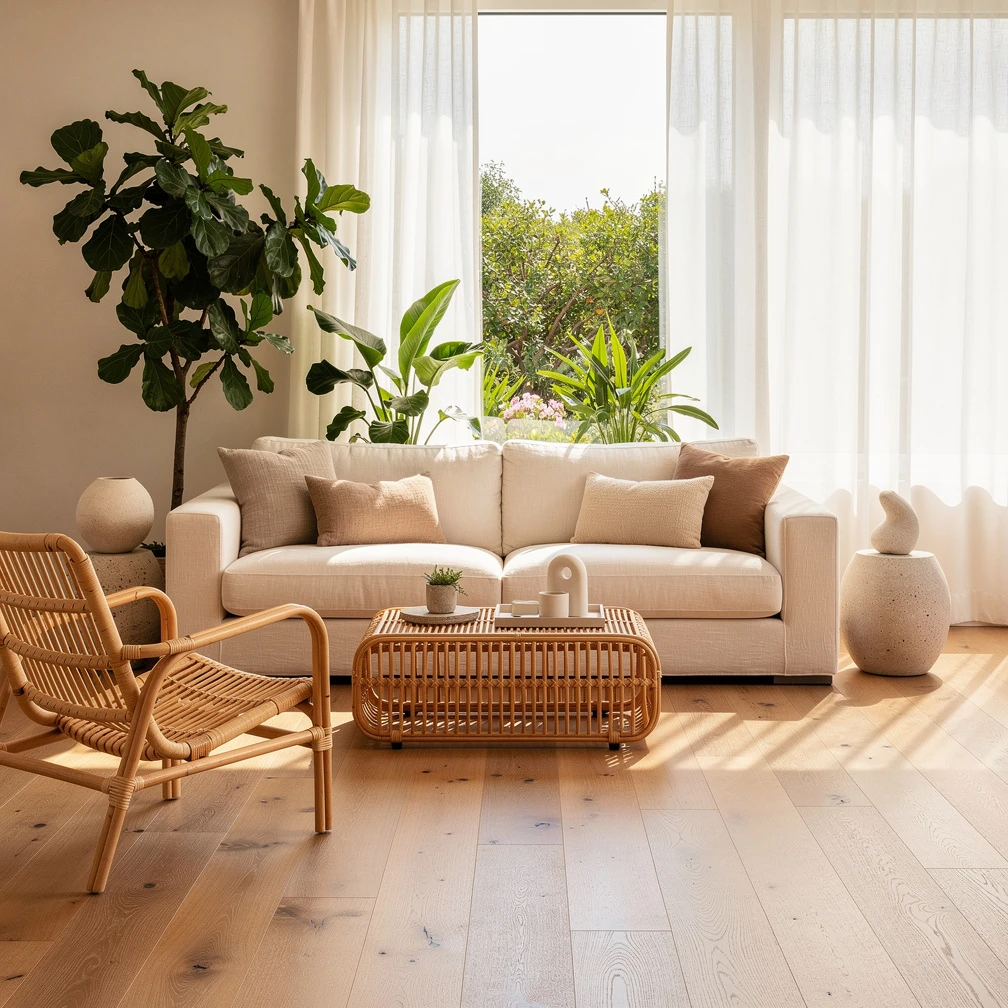 Bright living room with natural materials, plants and soft daylight