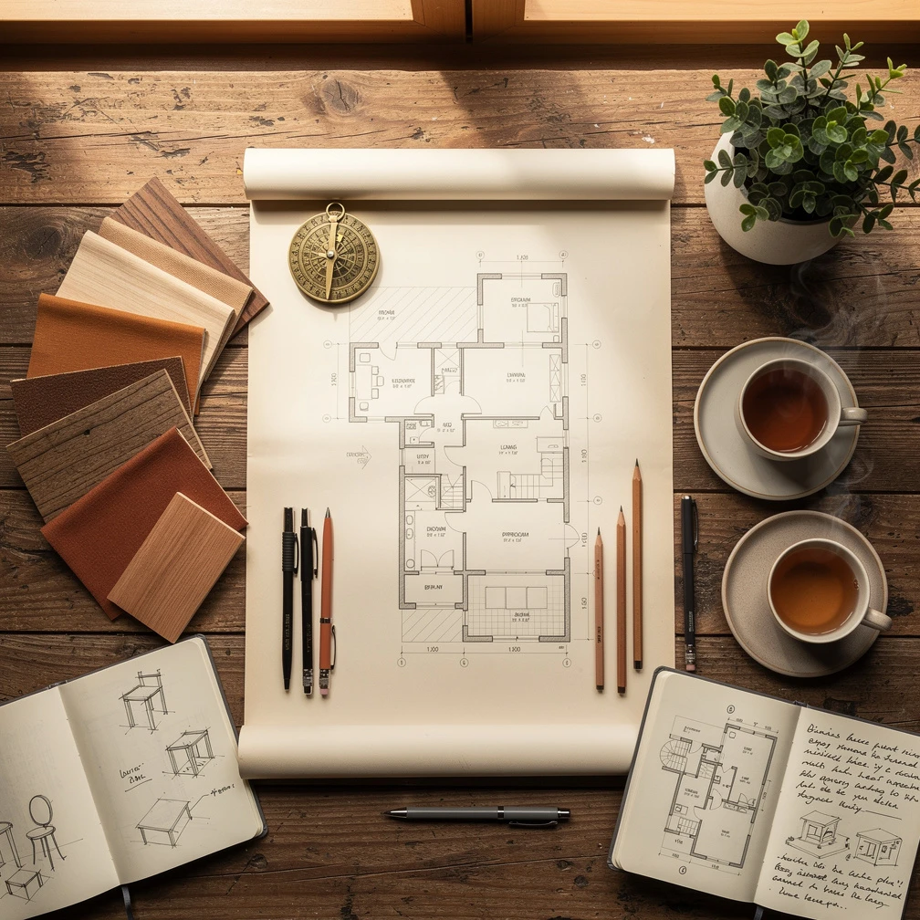 Floor plans, material samples and cups of tea laid out on a wooden table