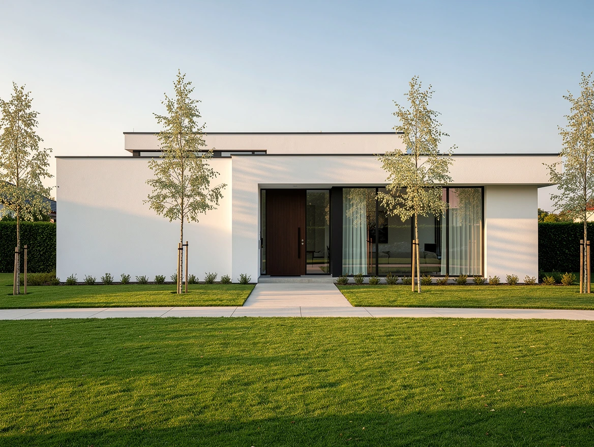 Modern white house exterior with clean lines and a green lawn